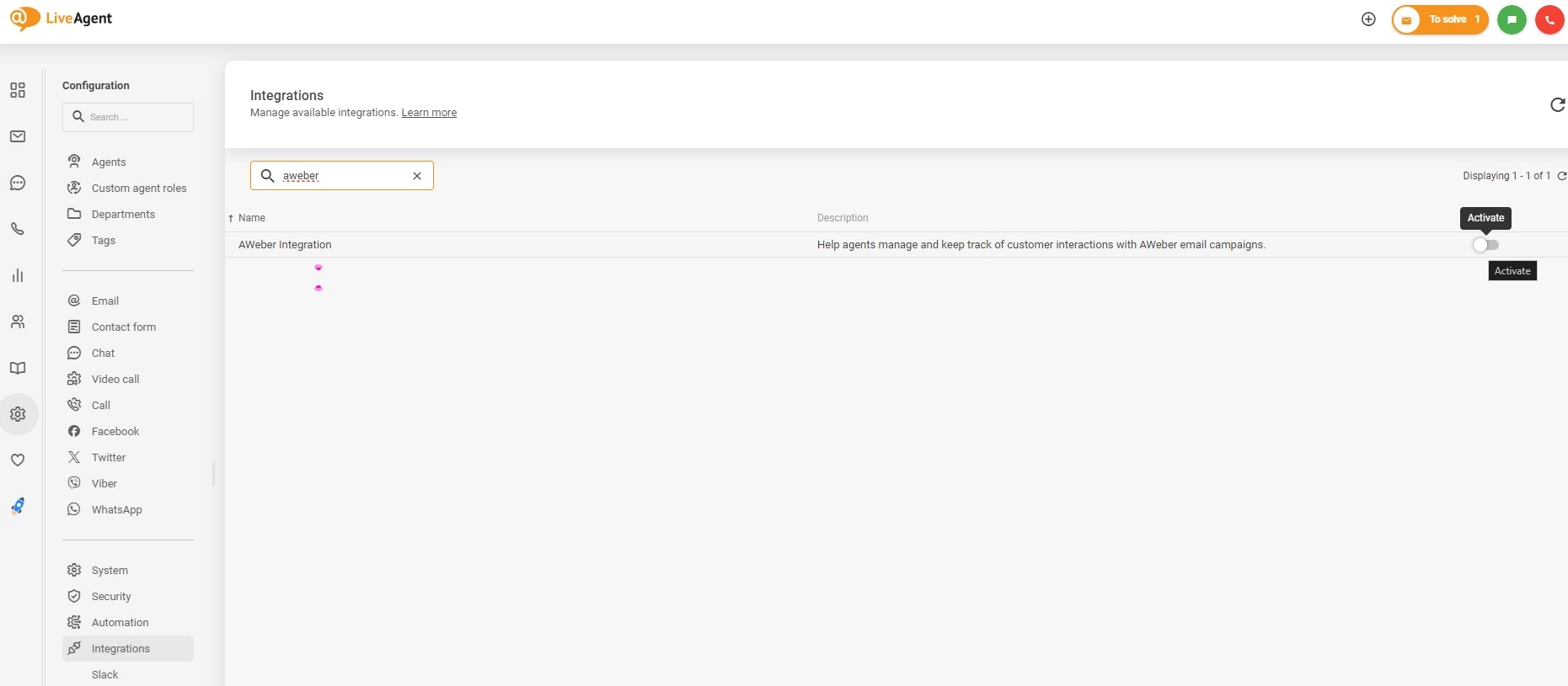 Aktivácia integrácie AWeber v LiveAgent