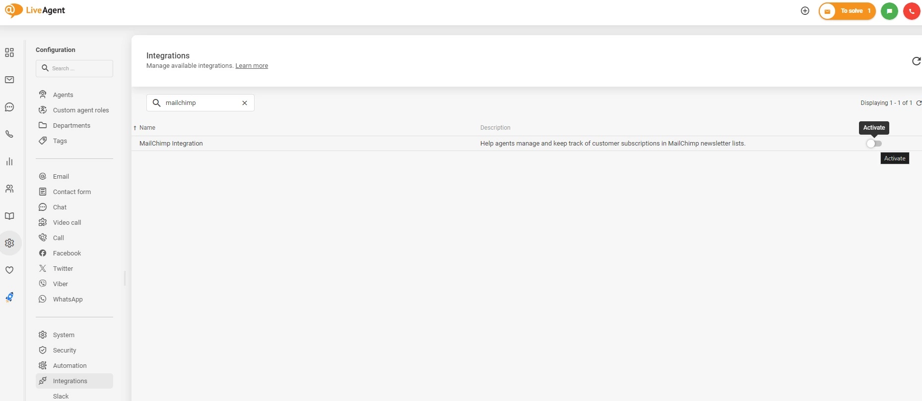 Aktivácia integrácie Mailchimp v LiveAgent