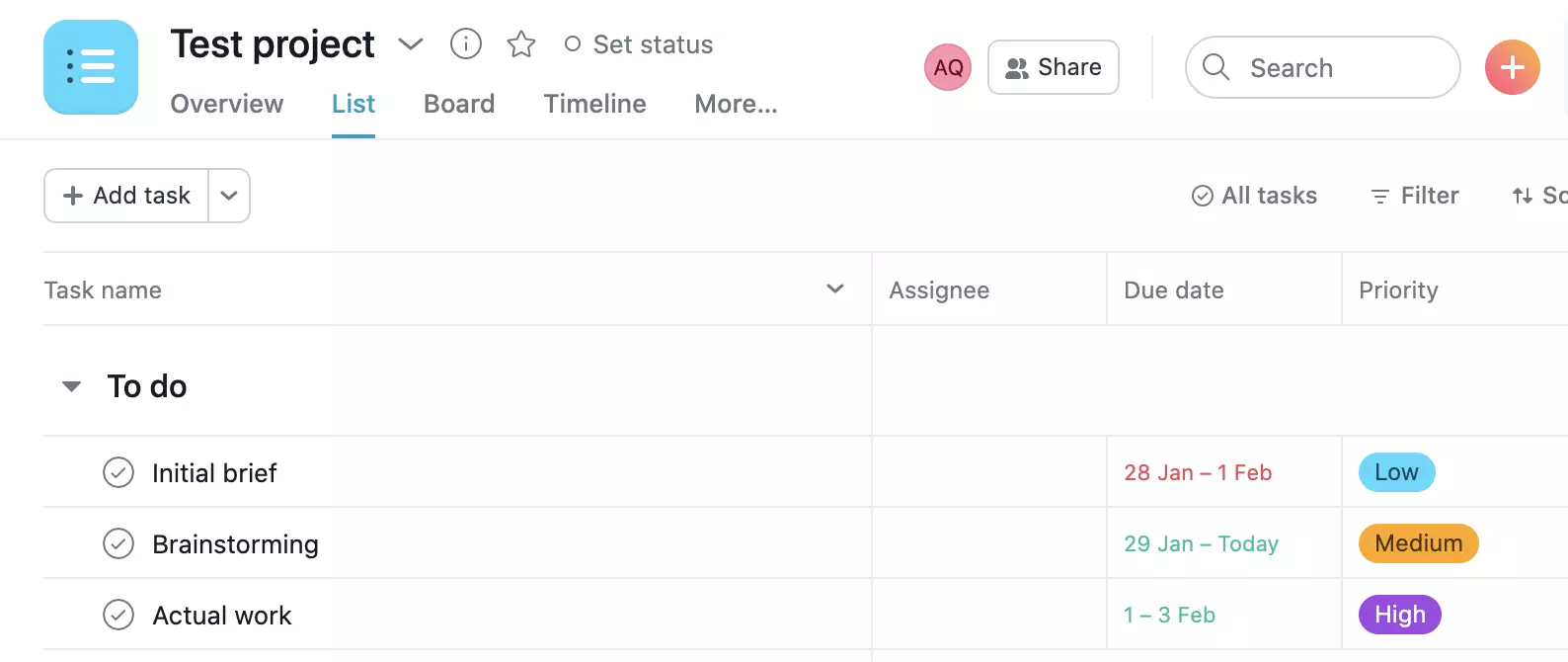 Príklad projektu Asany
