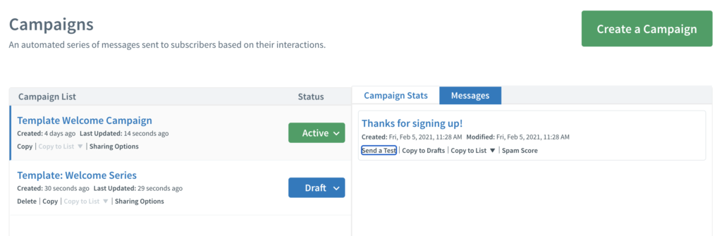 Náhľad kampanií AWeber