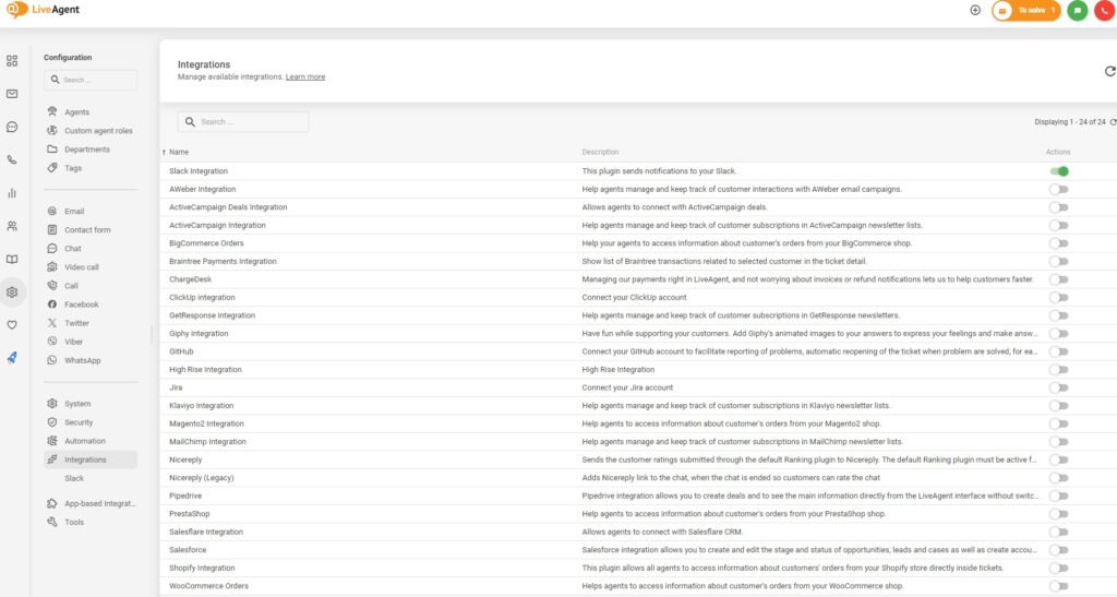 Aktivovanie integrácií v LiveAgent