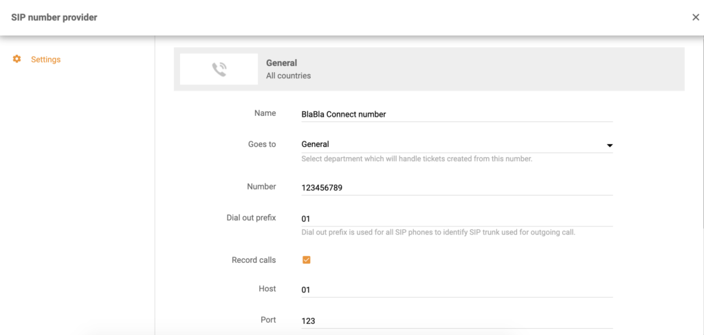 Nastavenie integrácie BlaBla Connect v konfigurácii hovorov LiveAgent