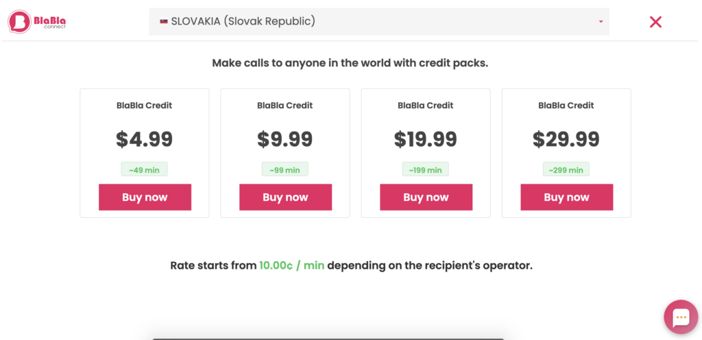 Cenové plány BlaBla Connect zobrazené na webovej stránke