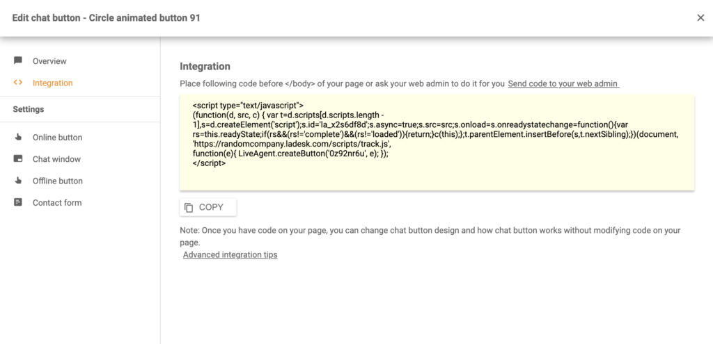 Live chat button integration code in LiveAgent configuration