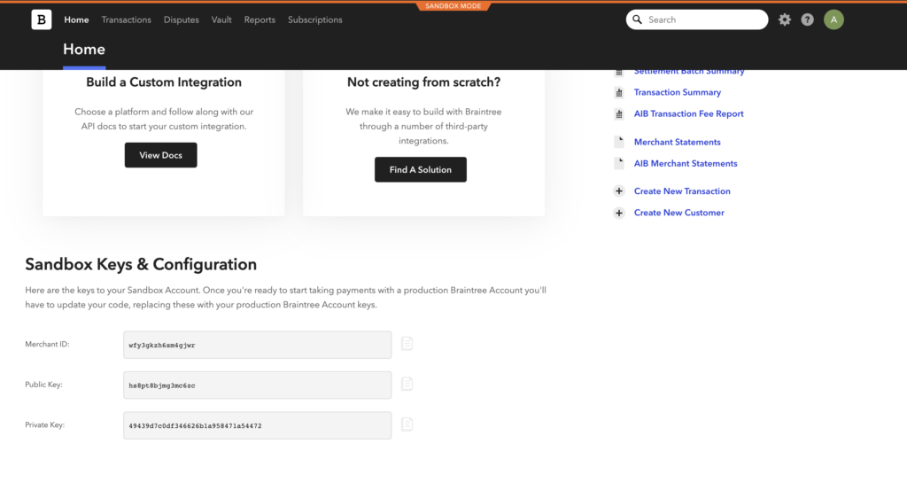 Kľúče a konfigurácia v Braintree