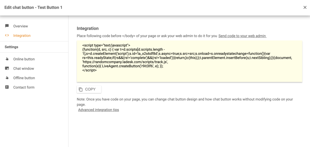 Kód tlačidla chatu vygenerovaný v LiveAgent
