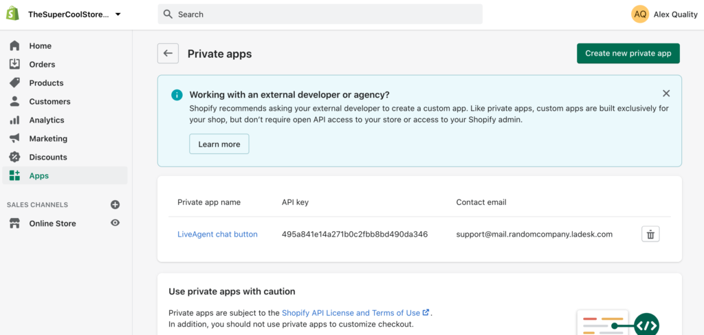 Vytvorenie novej súkromnej aplikácie v Shopify na vytvorenie integrácie s LiveAgent