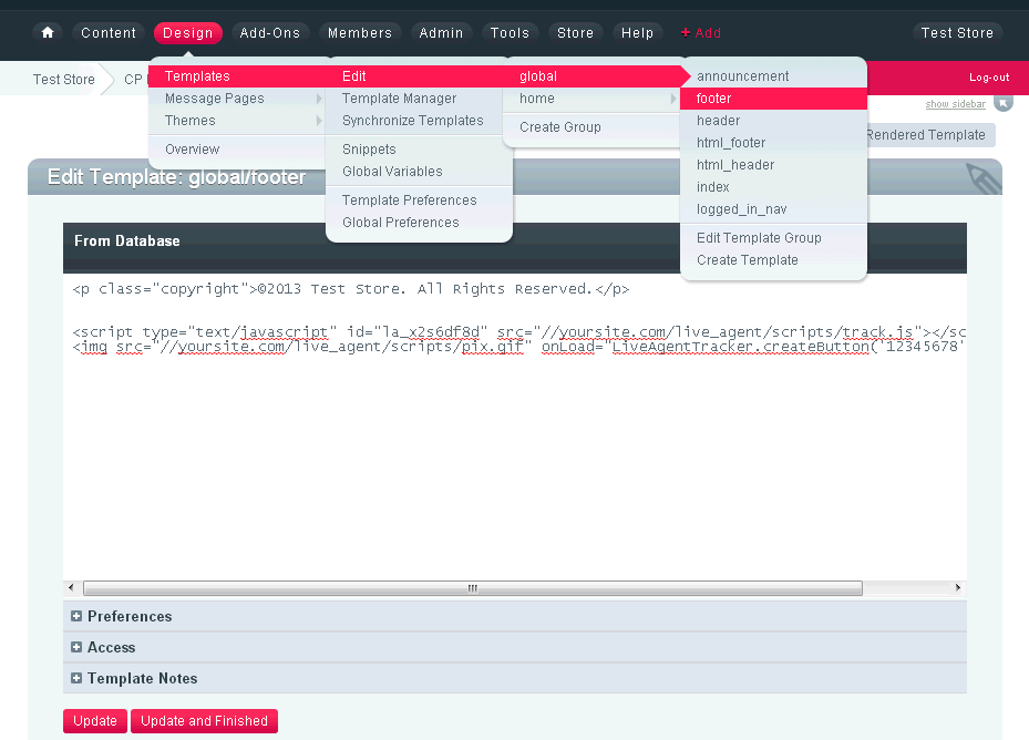 Kód webovej stránky ExpressionEngine s kódom tlačidla chatu LiveAgent