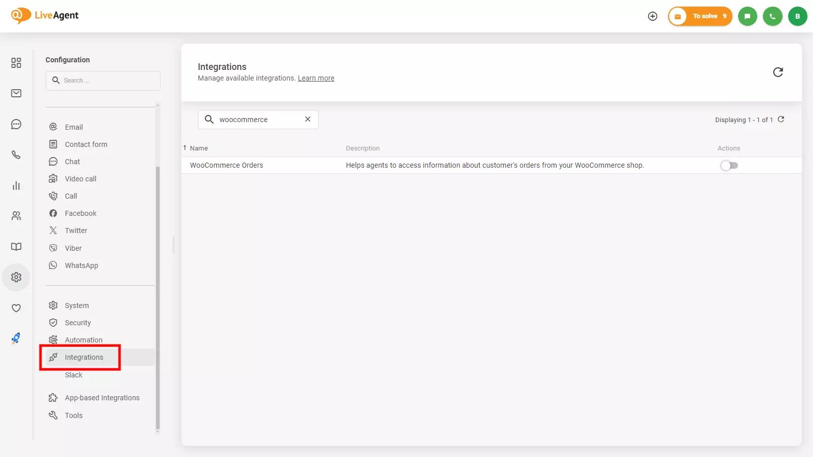 Obrázok ukazujúci, kde nájsť integráciu Woocommerce v LiveAgent