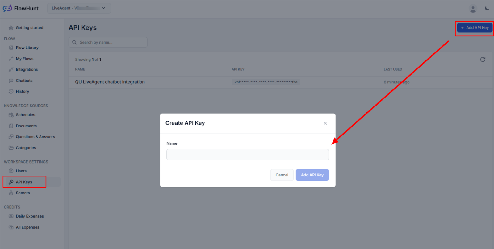 Vytvorenie kľúča API pre integráciu pracovného priestoru FlowHunt s LiveAgent