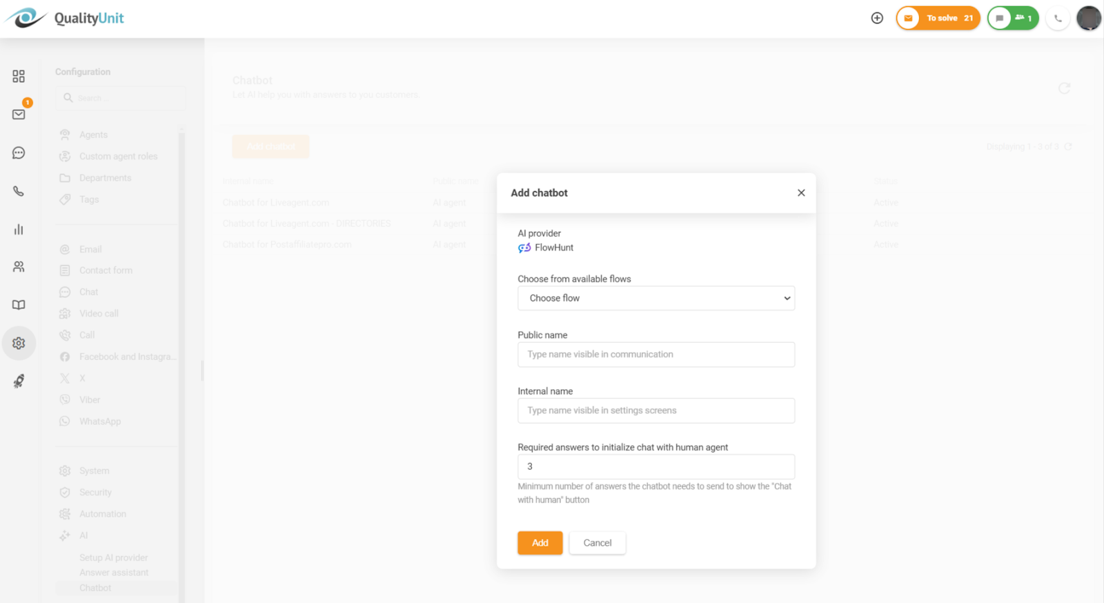 Konfigurácia minimálneho počtu požadovaných odpovedí pred povolením možnosti komunikácie s ľudským agentom
