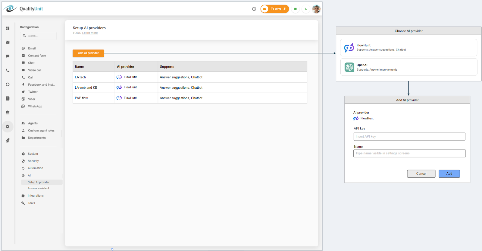 Pripojenie poskytovateľa AI LiveAgent