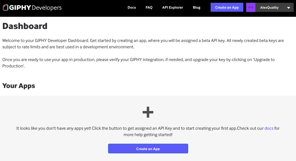 Giphy dashboard s možnosťou vytvorenia aplikácie na vygenerovanie kľúča API