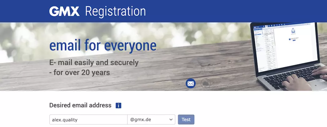 Stránka registrácie GMX s informačnými poľami