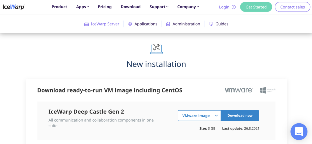Webová stránka IceWarp s časťou inštalácie a odkazmi na stiahnutie