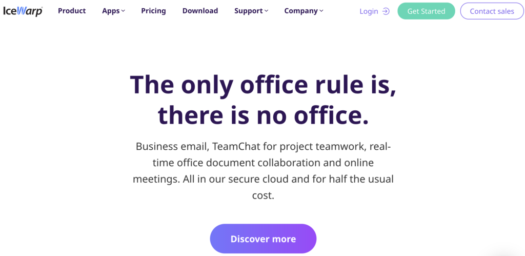 Domovská stránka IceWarp so sloganom a možnosťami podstránok