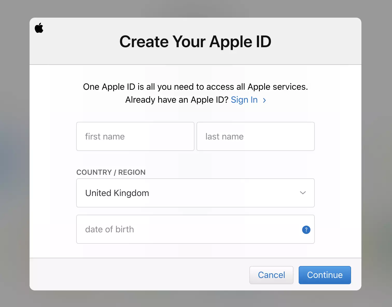 Formulár registrácie účtu iCloud
