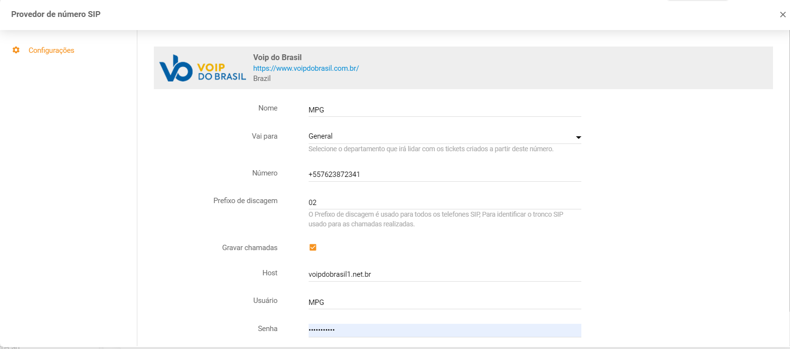 Insert Voip do Brasil credentials