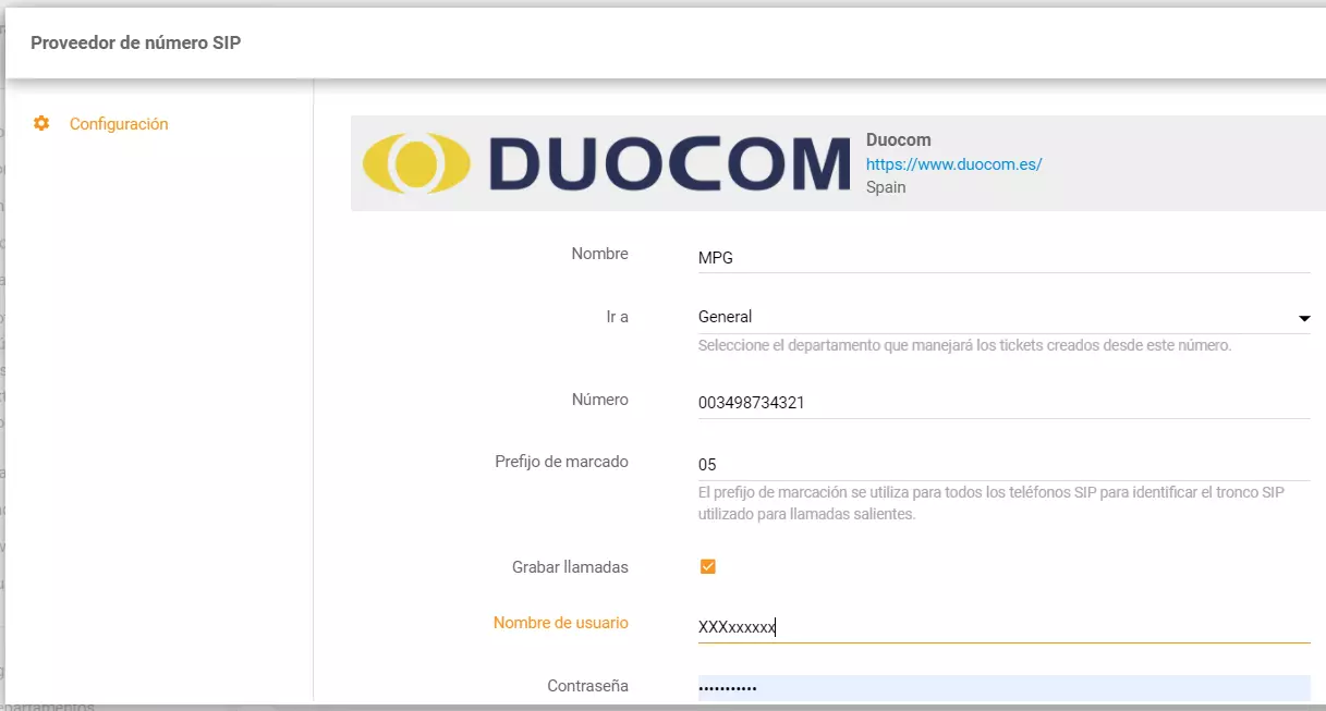 Konfigurácia telefónneho čísla Duocom v LiveAgent