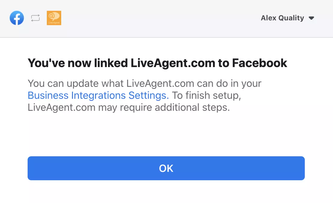 Vyskakovacie okno potvrdzujúce úspešnú integráciu medzi Facebookom a LiveAgent