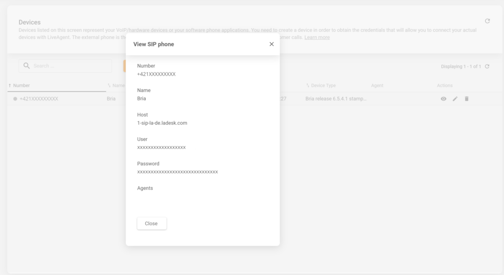Nastavenia SIP LiveAgent
