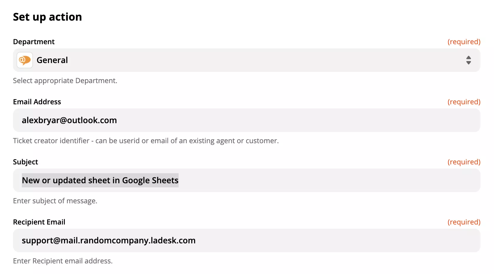 Nastavenie akcie LiveAgent v integrácii Google Sheets