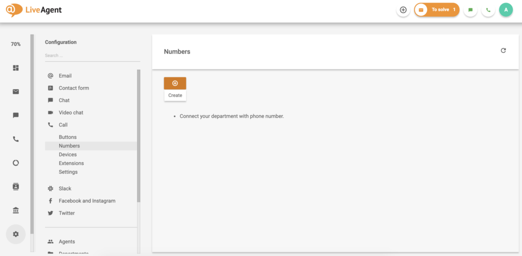 Obrazovka čísla hovornej linky LiveAgent s možnosťou vytvorenia nového čísla