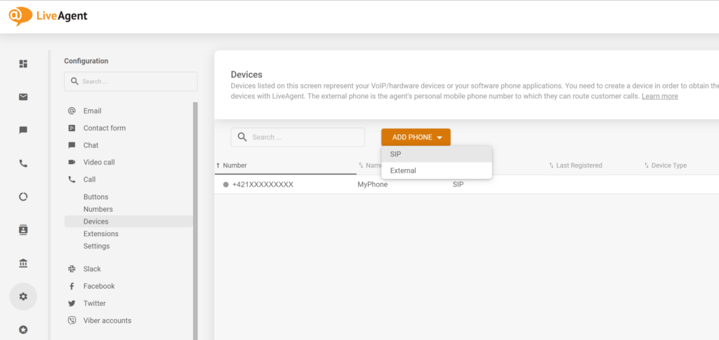 Ako pridať nový telefón SIP v konfigurácii LiveAgent