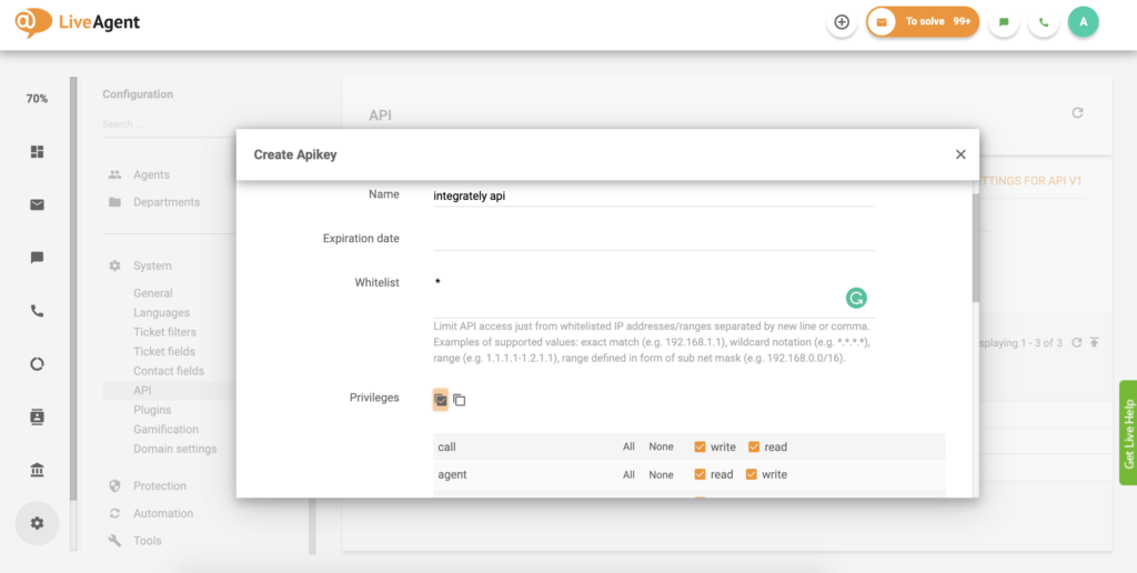 Nastavenie kľúča API v LiveAgent