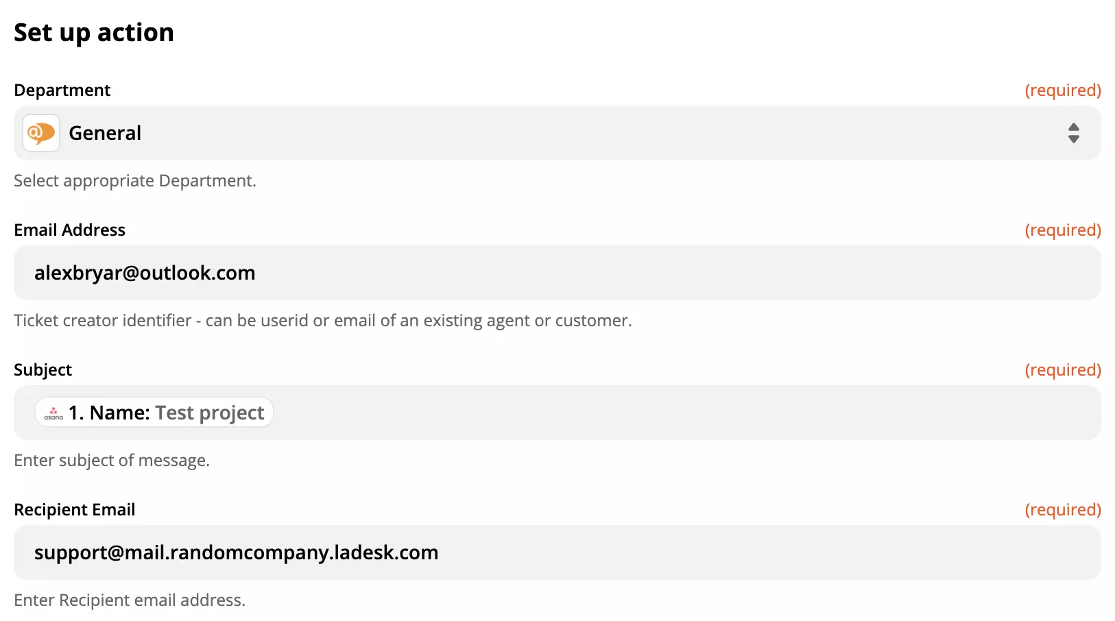 Nastavenie akcie LiveAgent v integrácii Asany na Zapier