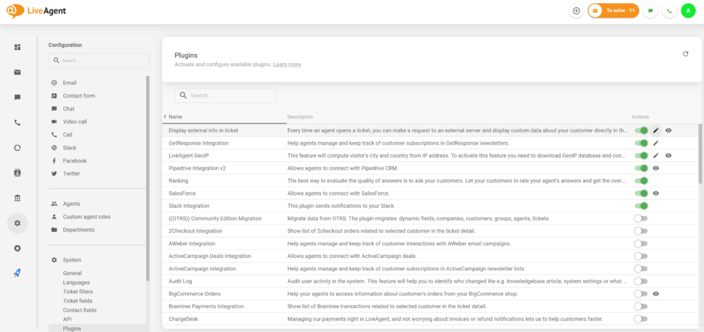 Aktívny plugin externých informácií v konfigurácii LiveAgent