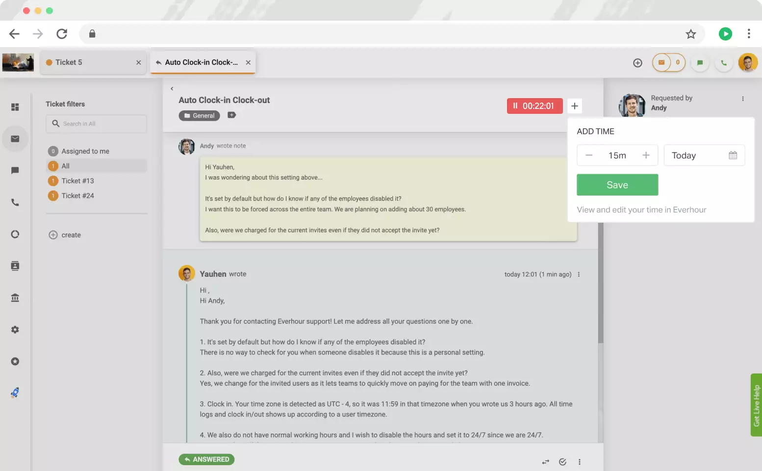 Ovládacie prvky Everhour v LiveAgent