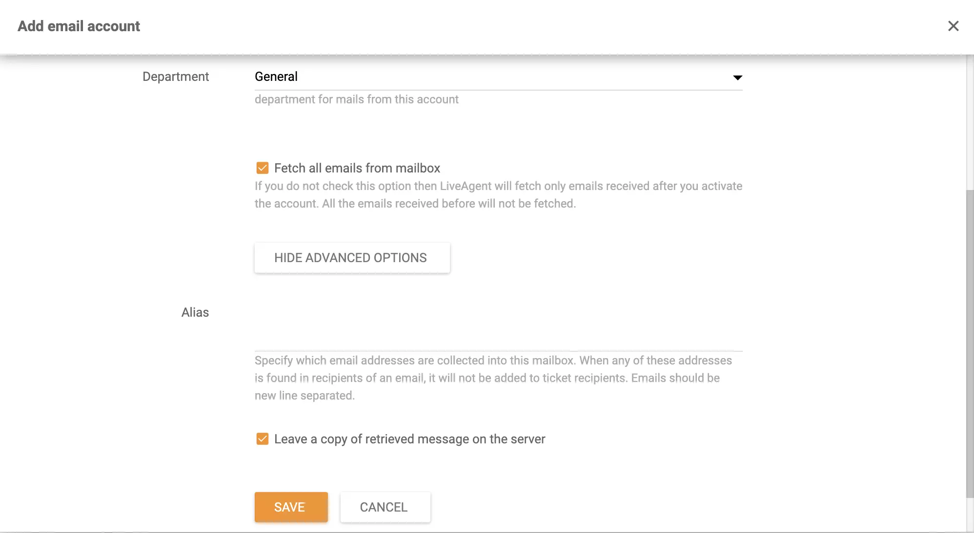 Add email account in LiveAgent