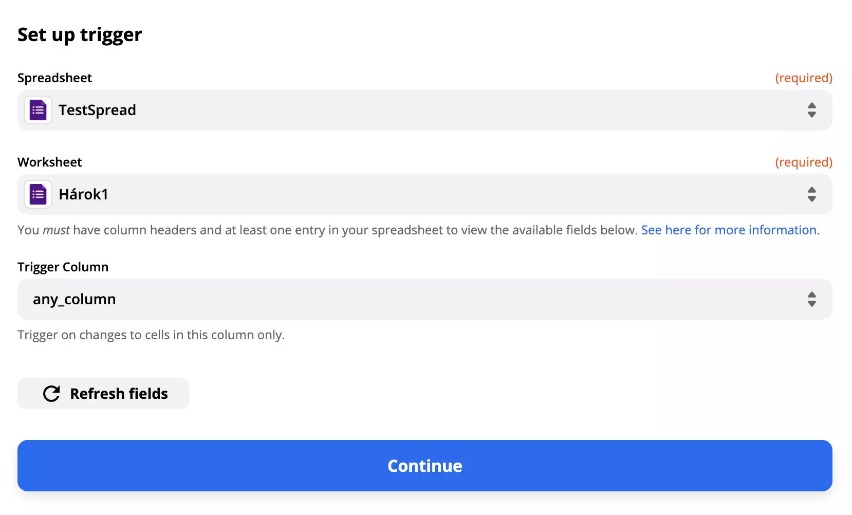 Google forms trigger setup example with filled out fields