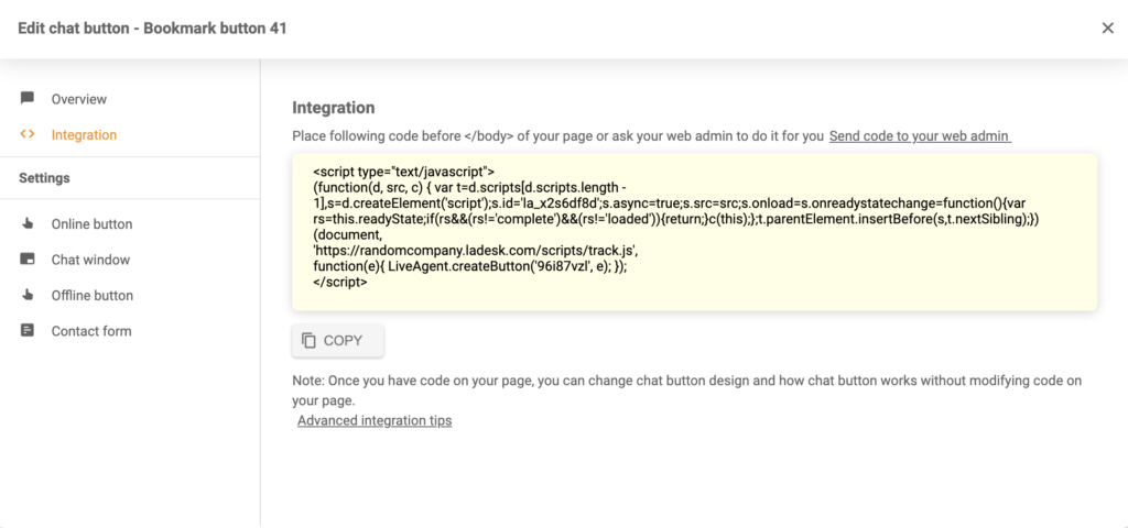 Vygenerovaný kód integrácie tlačidla chatu v LiveAgent