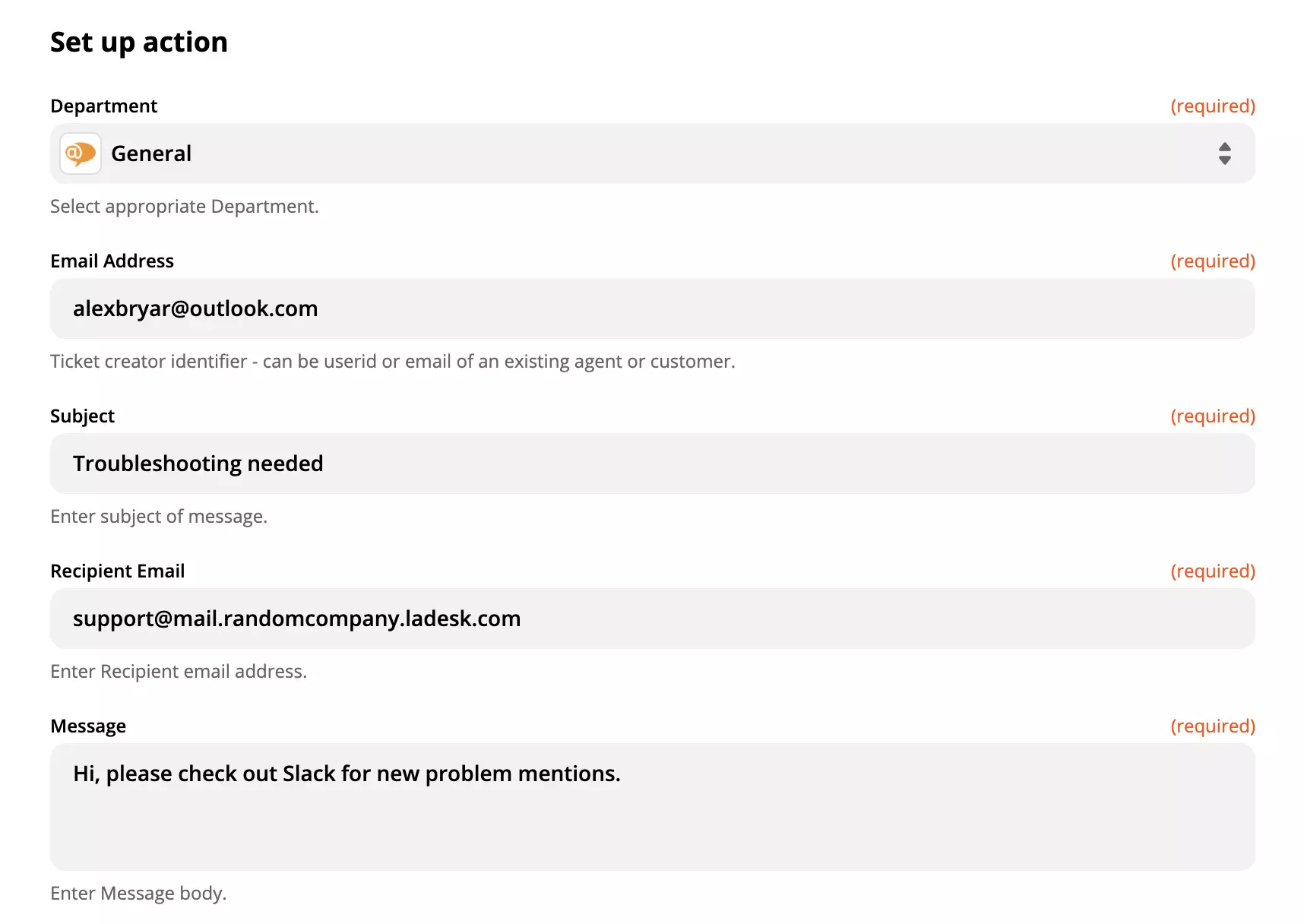 Vyplnená konfigurácia akcie LiveAgent