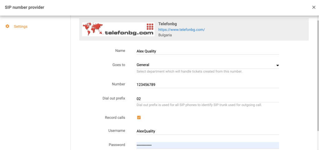 Nastavenie TelefonBG pri pridávaní nového čísla call centra v LiveAgent
