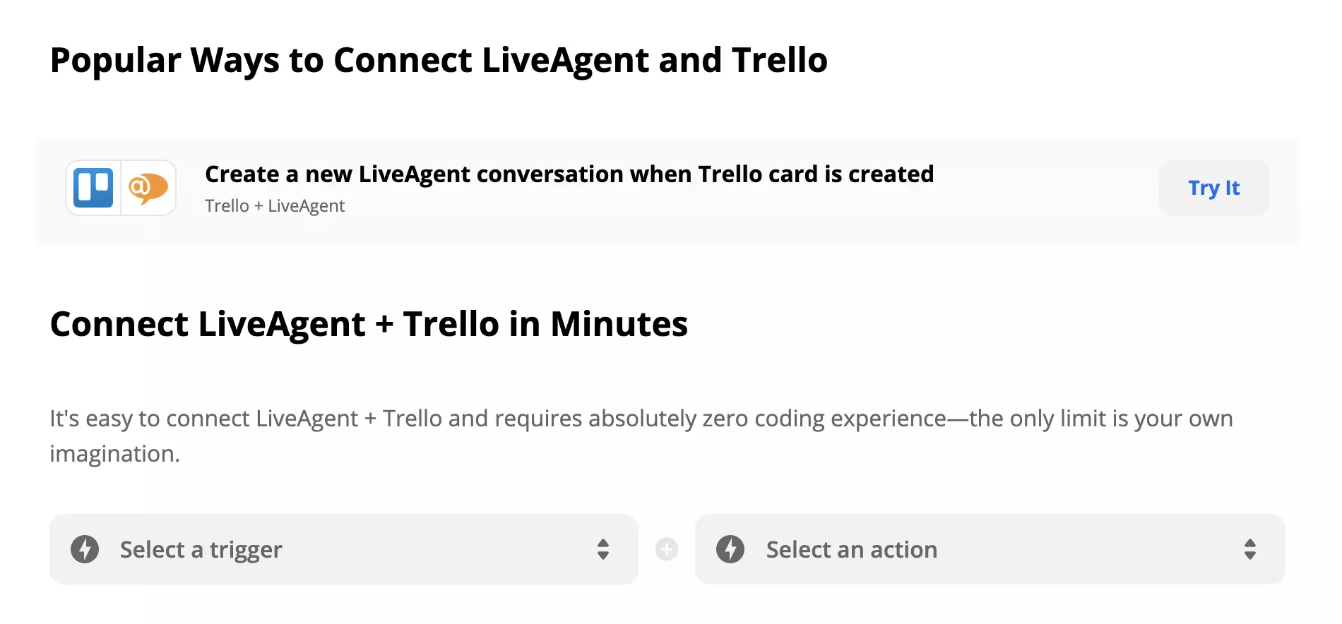 LiveAgent a Trello integrácia v Zapier s výberom Trigger a Action