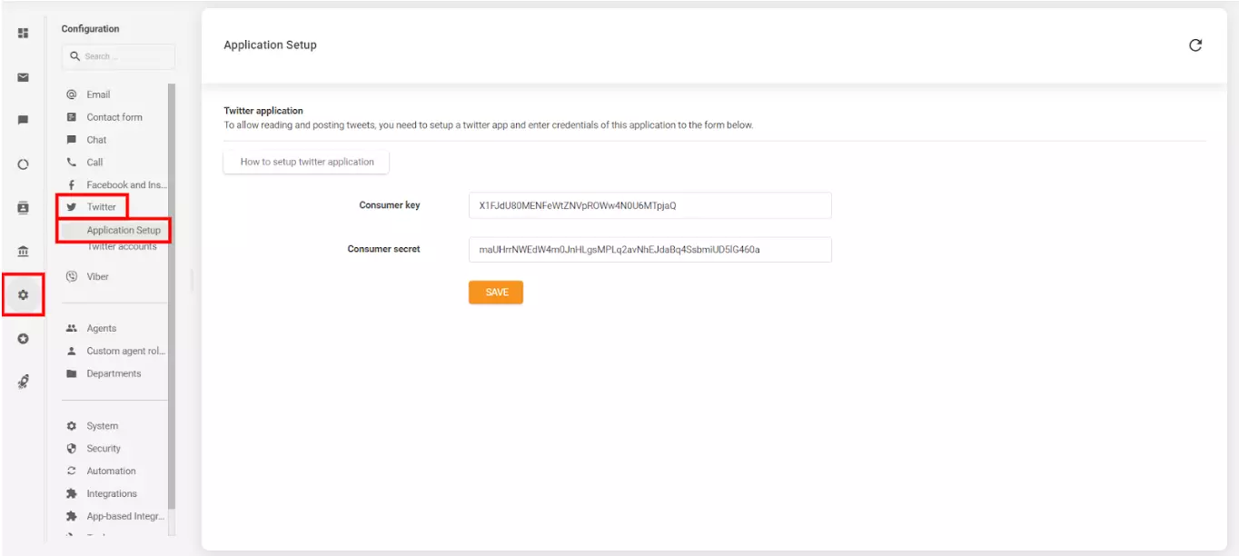 Obrázok ukazuje, kde a ako prepojiť váš účet LiveAgent s vašim vytvorením účtom Twitter (X)