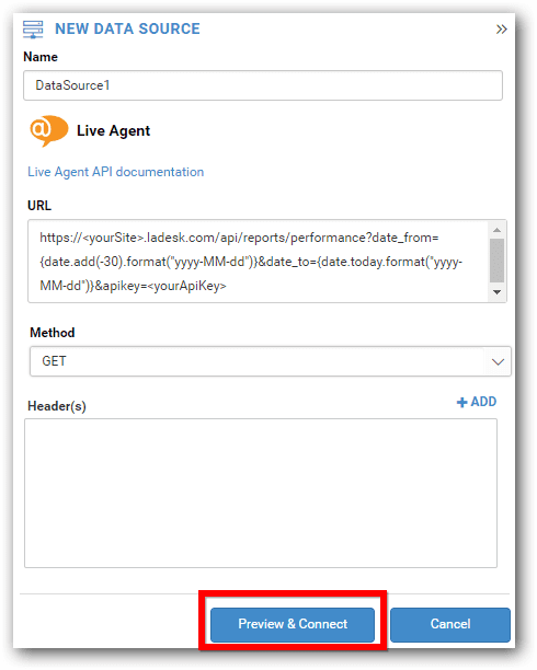 Tlačidlo Bold BI Preview and Connect