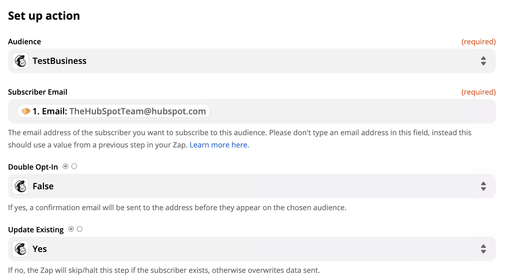 Nastavenie akcie Mailchimp