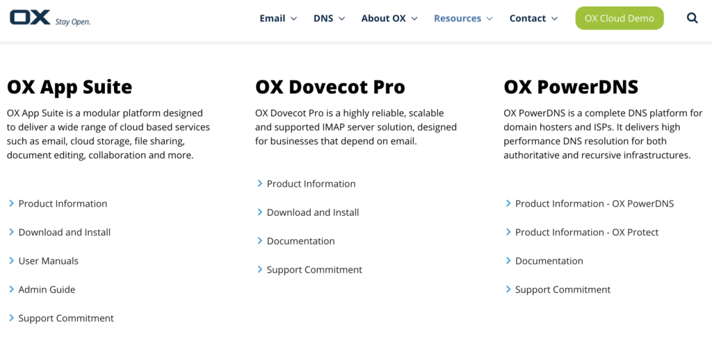 Webová stránka Open-Xchange s možnosťami stiahnutia a sprievodcami