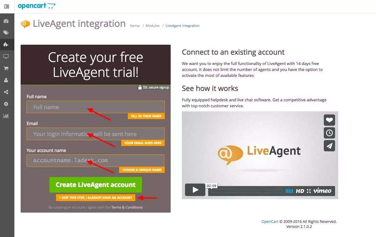 OpenCart LiveAgent integration - Enter credentials
