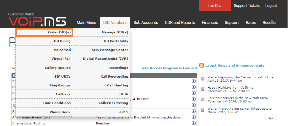 Sekcia DID čísel v VoIP.ms