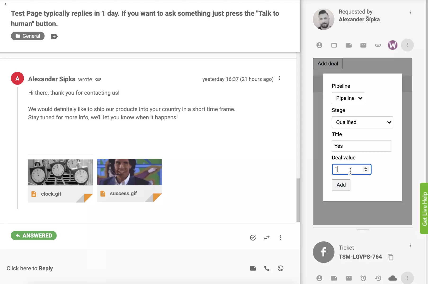 Pridanie obchodu s integráciou PipeDrive CRM v zobrazení lístku LiveAgent