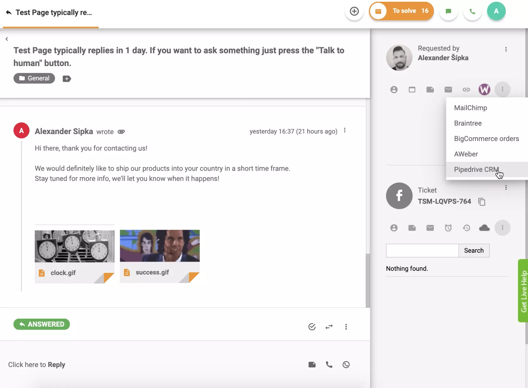 PipeDrive CRM je aktívny v zobrazení lístku LiveAgent