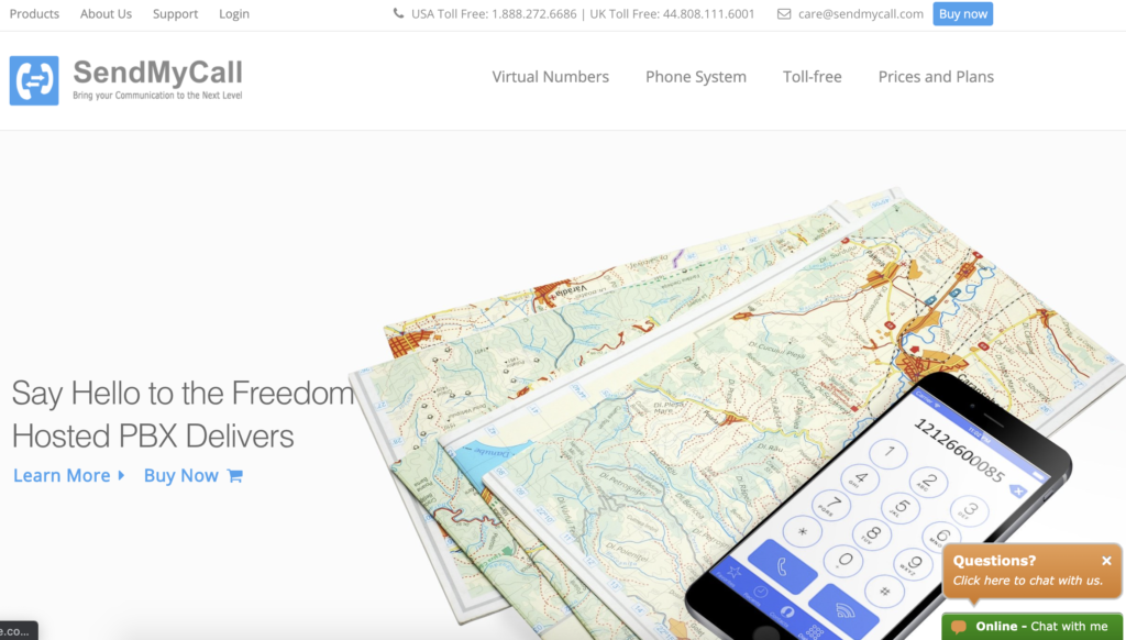 Domovská stránka SendMyCall s tlačidlom Kúpiť teraz v pravom hornom rohu