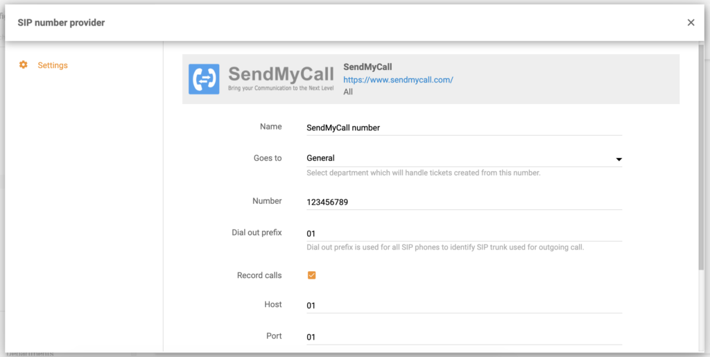 Konfigurácia čísla SendMyCall v LiveAgent