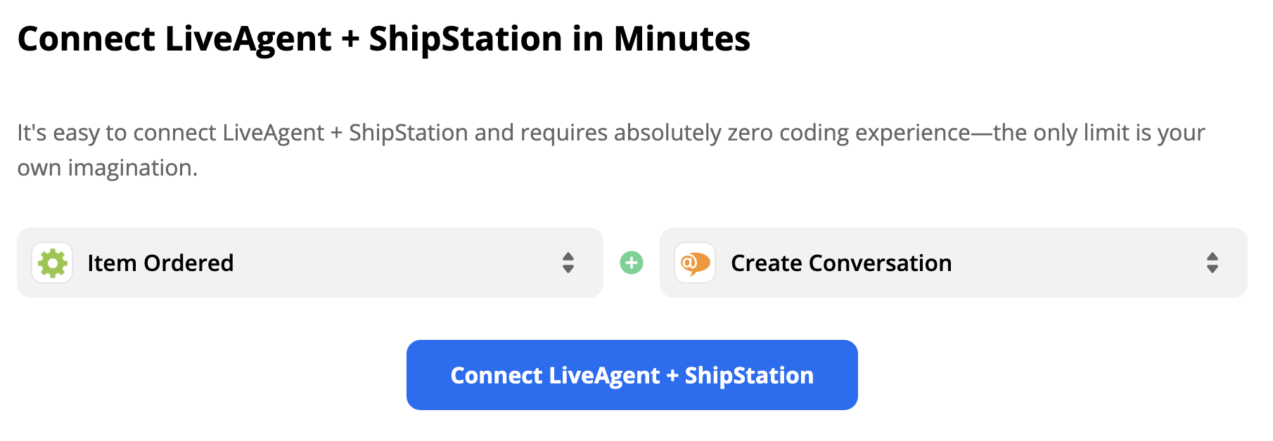 Spúšť ShipStation Item Ordered a akcia LiveAgent Create Conversation v Zapier výbere integrácie