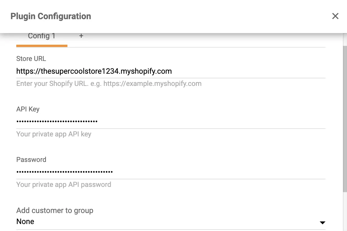 Skopírujte a vložte kľúč API a heslo do konfigurácie pluginu Shopify v LiveAgent